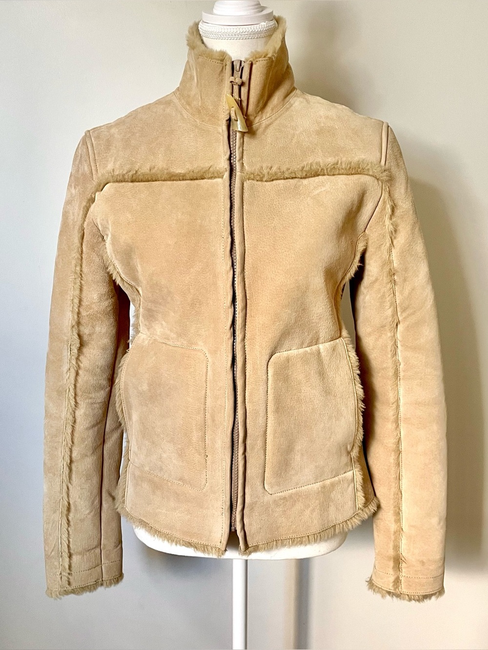 Vintage Y2K Aldo Genuine Leather Shearling Jacket Zip Up Beige Size Small